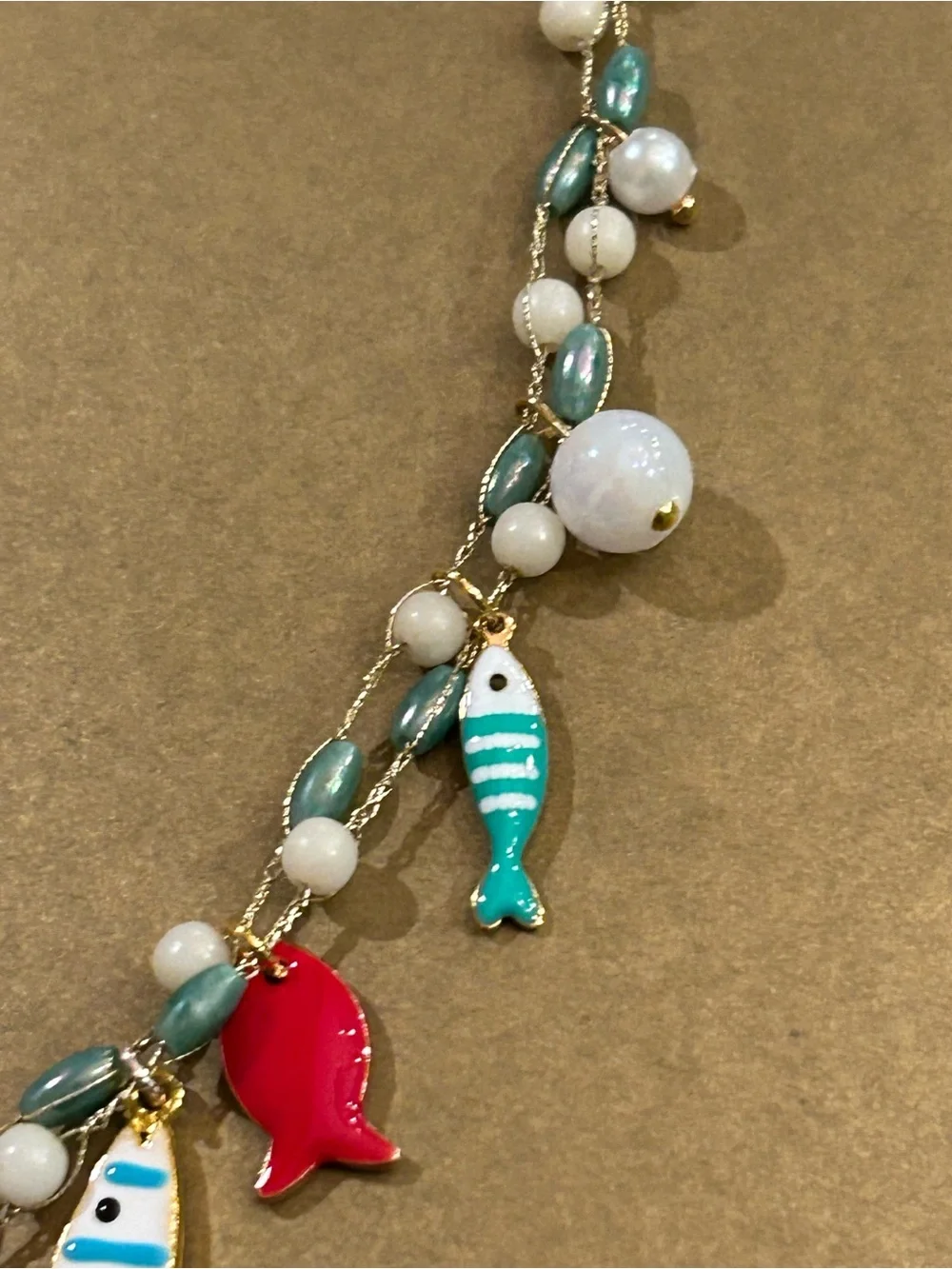 NWOT Necklace “1 Fish, 2 Fish, Red Fish…enamel Sea Life Charms, Aqua white beads